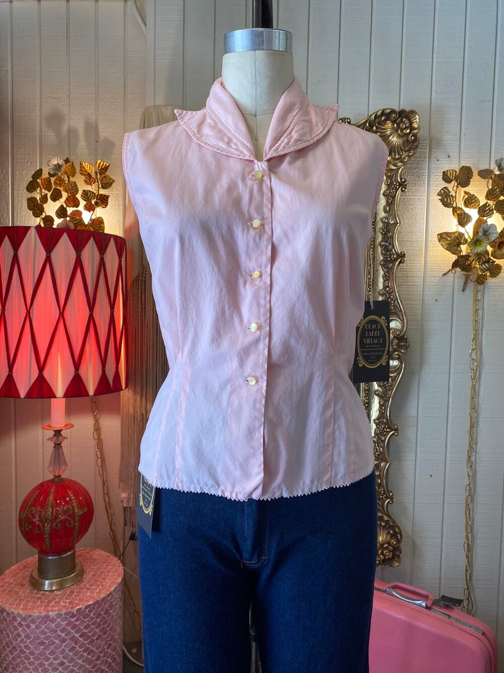 vintage 1950s pale pink sleeveless blouse, bobbie brooks, 50s casual separates m